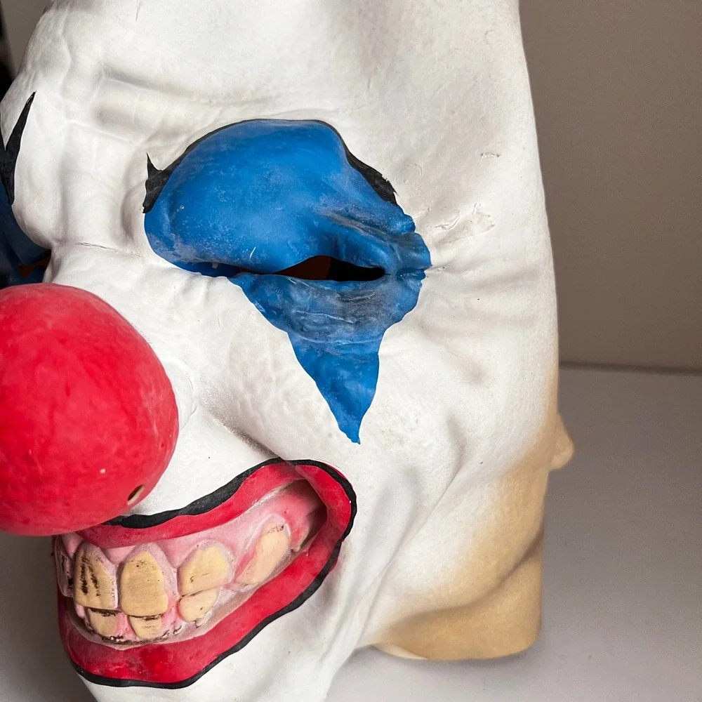 Scary Clown Vintage Halloween Mask Creepy Horror Costume Blue Eye Red Nose